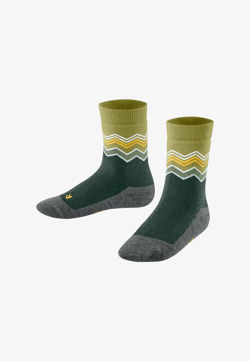 Grüne und graue Socken mit einem gerippten Bündchen, das ein Zickzackmuster in Oliv und Gelb aufweist. Weicher Stoff mit verstärkter Spitze und Ferse.