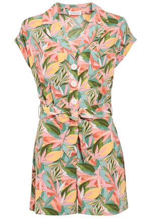 Kombinezon na krótki rękaw z zapięciem na guziki, ozdobiony tropikalnym wzorem liści w zielonym, różowym, żółtym i koralowym kolorze, z paskiem do wiązania w talii oraz dwoma kieszeniami na piersi.