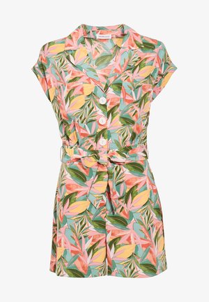 Combi-short à manches courtes avec imprimé de feuilles tropicales en vert, rose, jaune et corail, dotée d'une ceinture nouée à la taille et de deux poches poitrine.