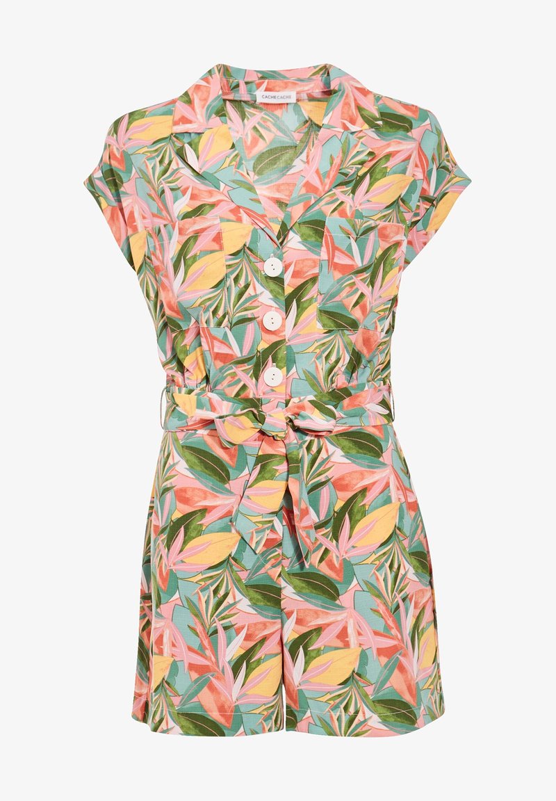 Combi-short à manches courtes avec imprimé de feuilles tropicales en vert, rose, jaune et corail, dotée d'une ceinture nouée à la taille et de deux poches poitrine.
