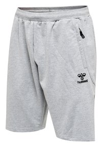 Grijze katoenen shorts met een elastische tailleband, zijzakken en een klein zwart logo op het onderbeen. Zachte textuur en casual fit.