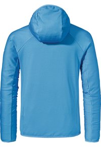 Helles blaues, langärmliges Jackett mit einer passgenauen Kapuze. Verfügt über eine gerippte Textur und kontrastierende Stoffpaneele an den Schultern.