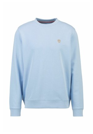 Hellblaues Sweatshirt mit Rundhalsausschnitt, langen Ärmeln und gerippten Bündchen, das ein kleines gesticktes Logo auf der Brust trägt.