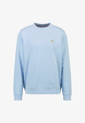 Lichtblauwe sweatshirt met een ronde hals, lange mouwen en geribbelde manchetten, met een klein geborduurd logo op de borst.