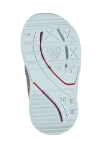 Weiße Gummilaufsohle mit strukturiertem Profil, versehen mit einer roten Akzentlinie und einem Clown-Logo. Größe mit "20" gekennzeichnet.