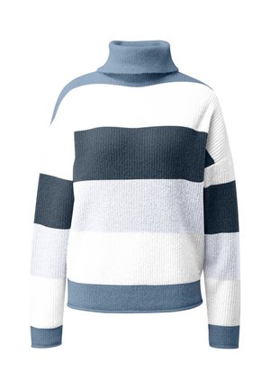 Blau-weiß gestreifter Rollkragenpullover mit einem strukturierten Muster, der breite horizontale Streifen in verschiedenen Blau- und Grautönen aufweist.