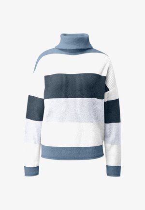 Blauw-wit gestreepte coltrui met een gestructureerd patroon, voorzien van brede horizontale strepen in verschillende tinten blauw en grijs.