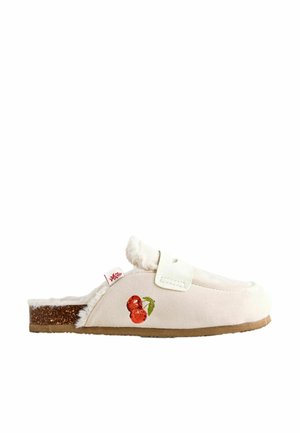 Beige slip-on slipper with cork sole, white fur lining, and embroidered red cherries on the side.