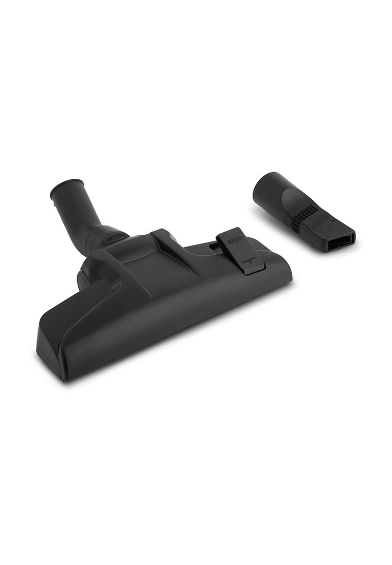 Accessoire d'aspirateur noir avec une base plate et un nez courbé, doté d'une prise texturée et d'un outil angulé séparé pour les coins.
