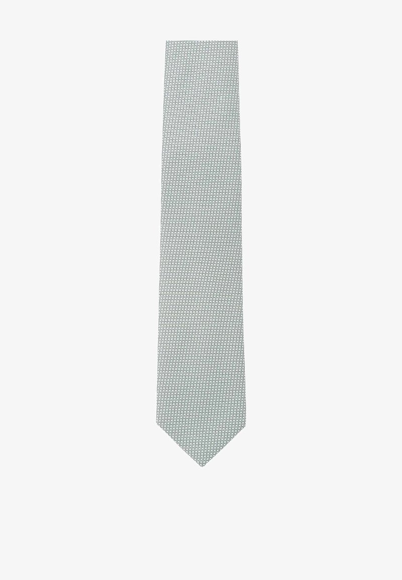 Light green tie with a textured, woven pattern, featuring a pointed end and a smooth finish throughout its length.