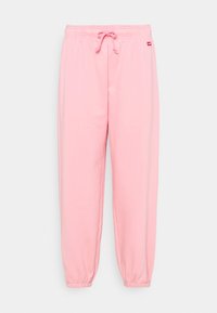 Pink sweatpants made of soft fabric, featuring an elastic waistband with a drawstring, and elastic cuffs at the ankles.