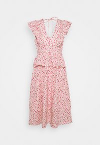 Vaaleanpunainen midi-mekko kukkakuviolla, jossa röyhelöt hihoissa ja kaula-aukossa. Mekossa on istuva vyötärö ja kerroksittainen helma.