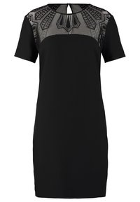 Černé šaty s krátkým rukávem, průsvitným vzorovaným živůtkem, detailem na krku ve tvaru klíčové dírky a přiléhavým střihem, vyrobené z hladkých textur látek.