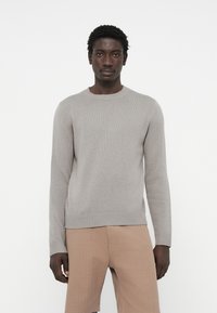 Hellgrauer Strickpullover mit rundem Halsausschnitt und gerippten Manschetten, leicht taillierte Passform, kombiniert mit beigen Shorts, glatte Textur, schlichte Optik.
