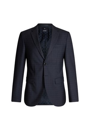 Blazer a scacchi blu scuro con un bottone singolo, due tasche frontali e una fodera interna a fantasia. Il materiale è strutturato e sartoriale.