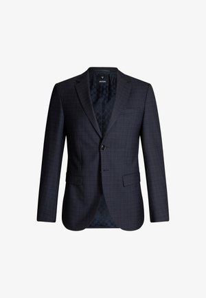 Dark blue checkered blazer with a single button, two front pockets, and a patterned inner lining. Material is structured and tailored.