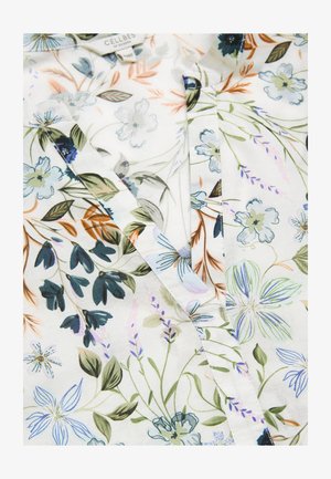 Witte stof met een multicolor bloemenprint met blauwe, groene en oranje bladeren en bloemen, met een opgevouwen overhemdskraag en een knoppenlijst.