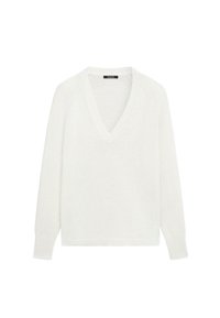 Hvid langærmet V-hals strikket sweater med ribbet manchetter og kant, vist på en ensfarvet hvid baggrund.