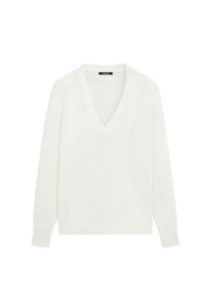White long-sleeve V-neck knit sweater with ribbed cuffs and hem, displayed on a plain white background.