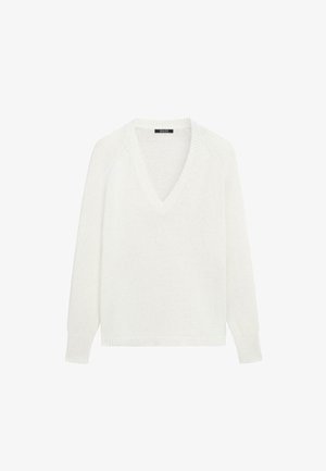 Hvid langærmet V-hals strikket sweater med ribbet manchetter og kant, vist på en ensfarvet hvid baggrund.