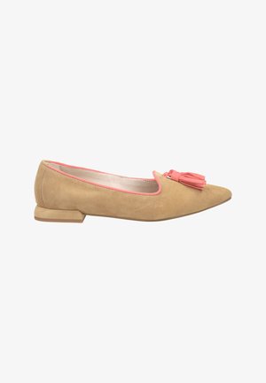 Tan suede flat shoe with a pointed toe, accented by a pink trim and a pink tassel on the front. Features a low, block heel.