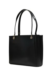 Sac cabas en cuir noir avec double bandoulières et attaches en anneaux argentés, forme rectangulaire avec finition lisse.