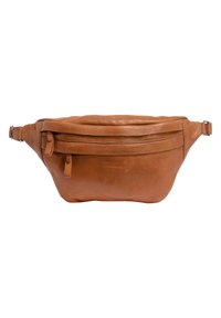 Hnědá kožená ledvinka s hladkým povrchem, obsahující přední kapsu na zip a nastavitelný popruh. Zaoblený, kompaktní design.