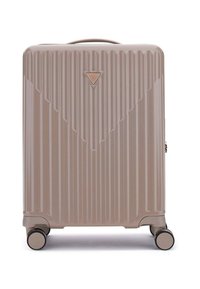 Hard-shell suitcase in a light beige color. Features vertical ribbed texture, a triangular logo on the front, and four black rolling wheels.
