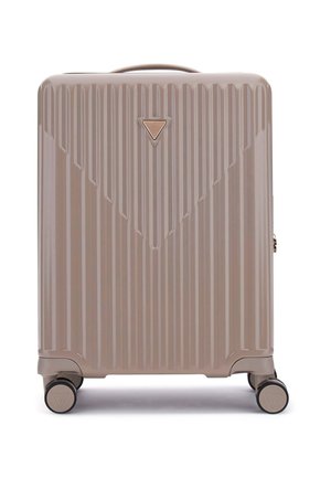 Hard-shell suitcase in a light beige color. Features vertical ribbed texture, a triangular logo on the front, and four black rolling wheels.