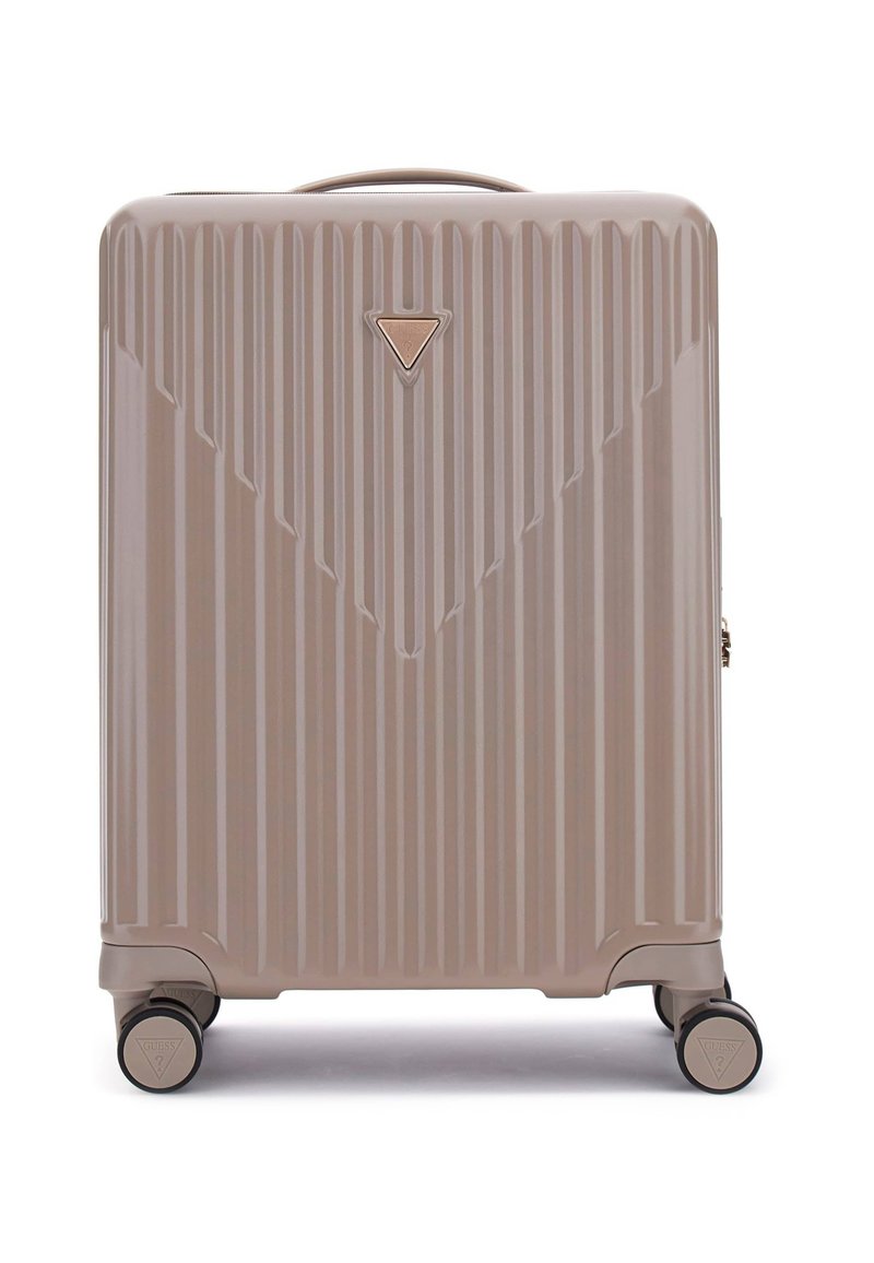 Hard-shell suitcase in a light beige color. Features vertical ribbed texture, a triangular logo on the front, and four black rolling wheels.