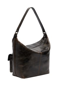 Brązowa skórzana torba na ramię o luźnym fasonie, wyposażona w zamek błyskawiczny, zaokrąglony kształt i boczną kieszeń. Gładka faktura z kontrastującymi przeszyciami.