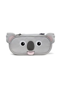 Gray koala-shaped pencil case with a zip closure, featuring large eyes, a nose, and a pink tongue. Textured fabric, soft ears, and rounded shape.