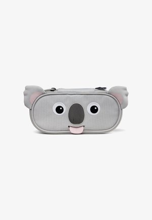 Gray koala-shaped pencil case with a zip closure, featuring large eyes, a nose, and a pink tongue. Textured fabric, soft ears, and rounded shape.