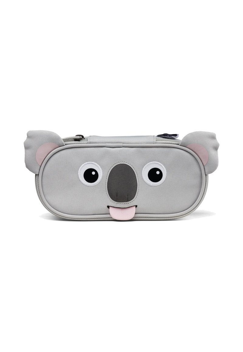 Gray koala-shaped pencil case with a zip closure, featuring large eyes, a nose, and a pink tongue. Textured fabric, soft ears, and rounded shape.