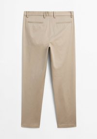 Beige trousers with a slim fit, made from a smooth fabric, featuring two back pockets and a straight leg cut.
