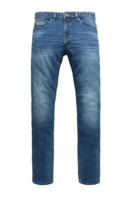 Jeans in denim blu con taglio dritto, caratterizzati da un lavaggio sbiadito, cinque tasche, chiusura con bottone e dettagli cuciti lungo le cuciture.