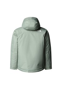 Ανοιχτό πράσινο μονωμένο μπουφάν με κουκούλα. Λείος υφασματικός, απλός σχεδιασμός και λεπτομέρεια λογότυπου στο πάνω μέρος της πλάτης. Χωρίς ορατά κουμπώματα.