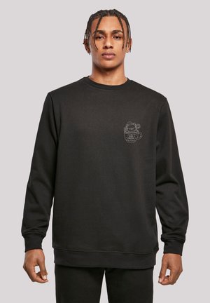 Black sweatshirt with long sleeves, featuring a chest graphic of a cartoon character in a cup. Made of a soft, textured fabric.