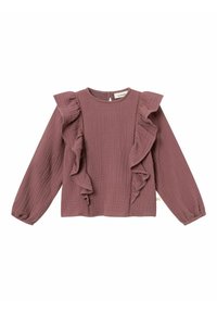 Top a maniche lunghe arricciato in malva, con tessuto testurizzato, dettagli cuciti a contrasto lungo il davanti e scollatura rotonda.