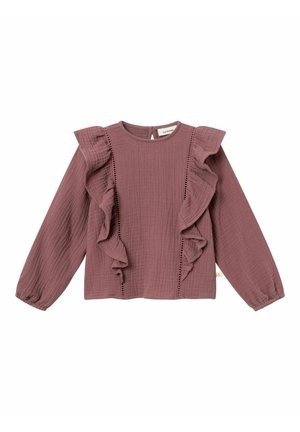 Top a maniche lunghe arricciato in malva, con tessuto testurizzato, dettagli cuciti a contrasto lungo il davanti e scollatura rotonda.