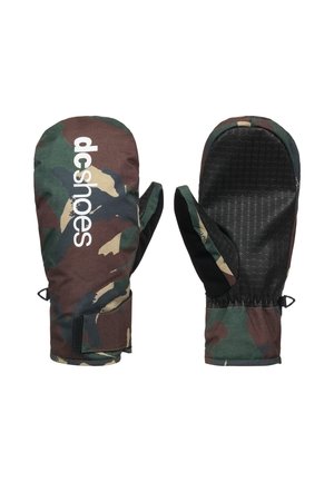 Een paar camouflagewantjes met zwarte gripkussentjes op de handpalmen en een wit "dc shoes"-logo op de achterkant van één van de wanten.