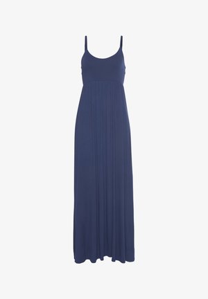 Ärmelloses Maxikleid in Marineblau, gefertigt aus weichem Stoff mit einem taillierten Oberteil und gerafften Falten unterhalb der Taille, die ein fließendes Design erzeugen.