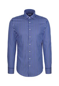Chemise habillée homme à manches longues avec rayures verticales bleues et blanches, boutonnage devant et col pointu sur fond uni.