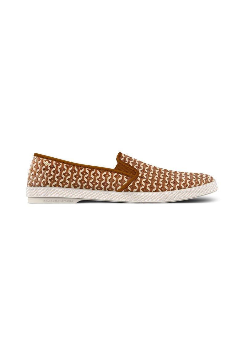 Brown slip-on shoe with a woven texture, featuring a zigzag pattern, a tan accent at the opening, and a white rubber sole.