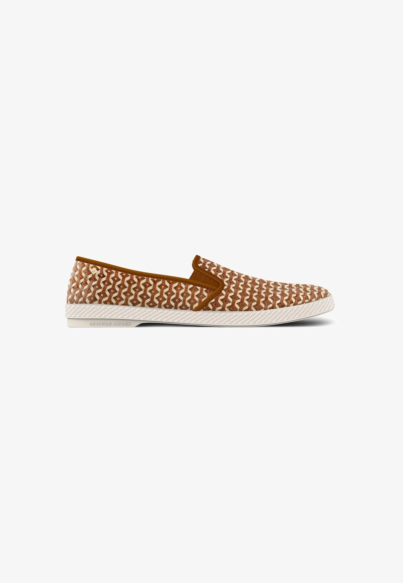 Brown slip-on shoe with a woven texture, featuring a zigzag pattern, a tan accent at the opening, and a white rubber sole.