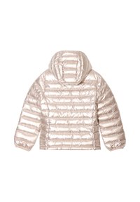 Chaqueta acolchada en un beige metálico claro con capucha, que presenta un diseño acolchado y puños elásticos, exhibiendo una textura suave y brillante.