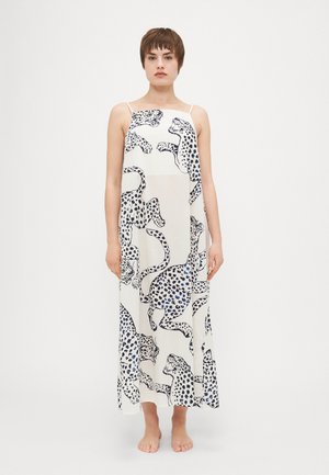 Abito maxi bianco con una stampa leopardata nera e blu, dotato di spalline sottili e una forma ampia e fluida. Tessuto dal tocco morbido.