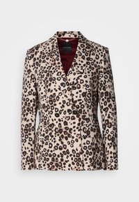 Dubbelzijdig blazer met geknipte revers en klepzakken in beige stof met een bruin en zwart luipaardprintpatroon.