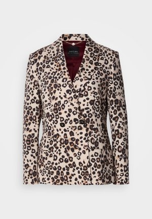 Dubbelzijdig blazer met geknipte revers en klepzakken in beige stof met een bruin en zwart luipaardprintpatroon.
