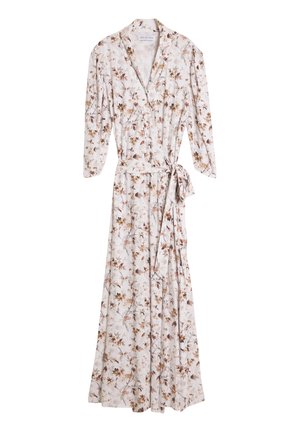 Blomstrete maxikjole i lett stoff, med knapping foran, lange ermer, innsnidd midje og en flytende skjørt med brune og beige mønstre.